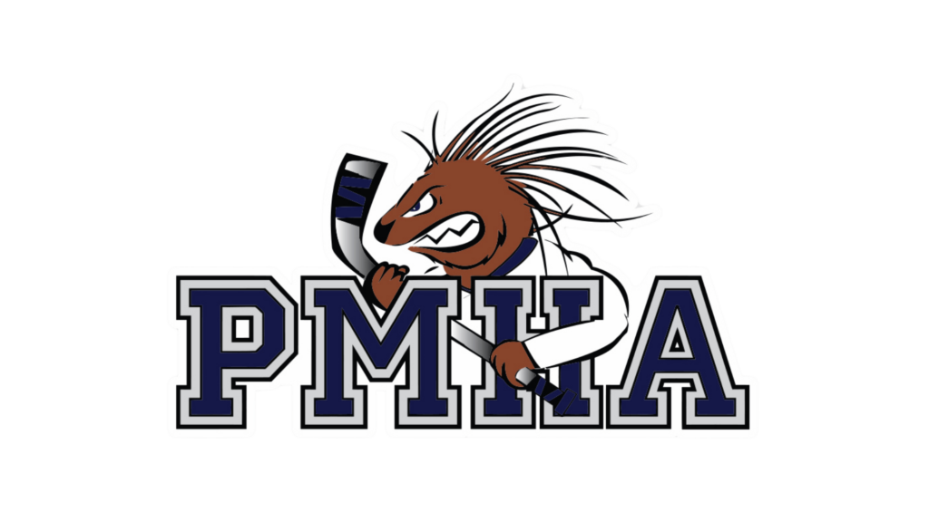 The Grant Getters Logo with the letters "PMHA" and a fierce-looking porcupine wearing a hockey jersey, holding a hockey stick, embodying the spirit of The Grant Getters. Grant Writing