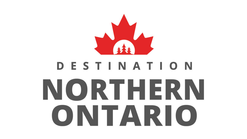 The Grant Getters Logo for "Destination Northern Ontario" featuring a red maple leaf above the text, with a sunset and pine trees silhouette inside the leaf. Perfect for grant writing initiatives by The Grant Getters to showcase regional beauty. Grant Writing