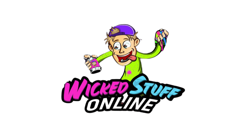 The Grant Getters Logo of "Wicked Stuff Online" featuring a cartoon character with a purple cap and green shirt, holding spray paint cans with vibrant colors on a black background—perfect for The Grant Getters! Grant Writing