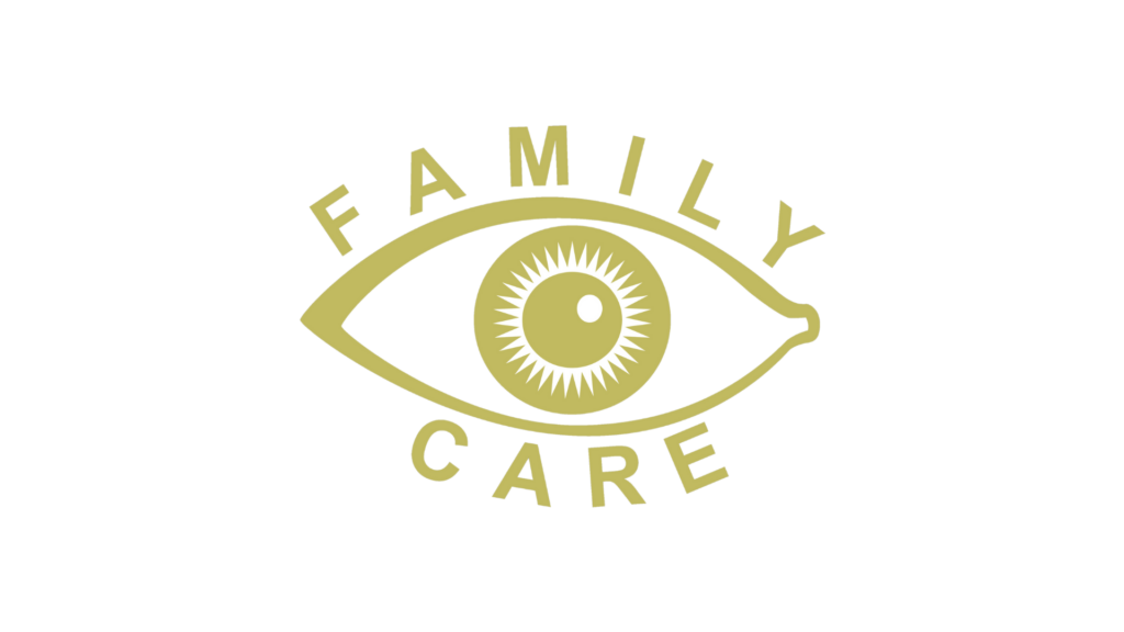 The Grant Getters A logo with an eye in the center, surrounded by the words "Family Care" in an arch. The design, reminiscent of The Grant Getters' style, is in gold on a black background. Grant Writing