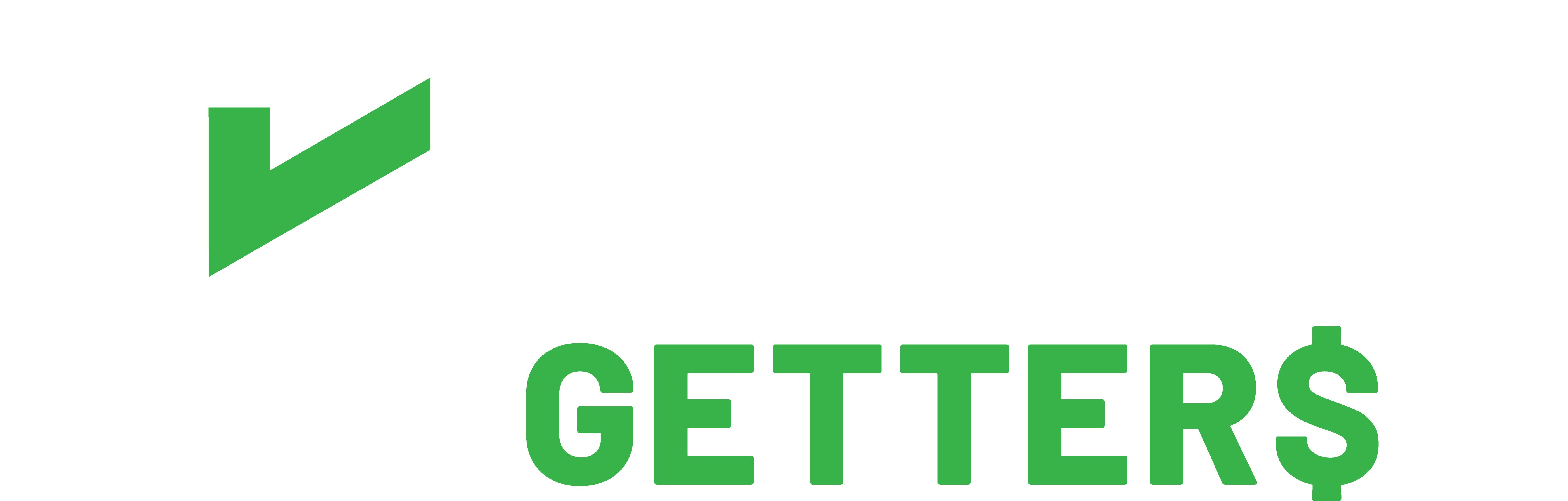 The Grant Getters Logo with a large stylized "G" in black and green on the left, and the words "The Grant Getters" in white and green on the right. The "S" in "Getters" is replaced with a dollar sign, perfectly capturing their expertise in grant writing. Grant Writing